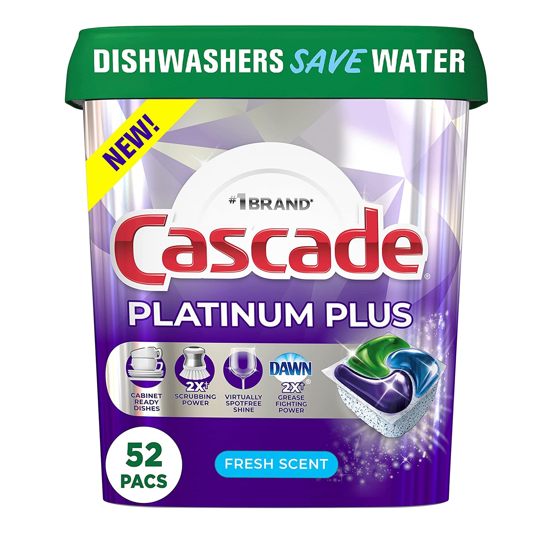 Cascade Platinum Plus ActionPacs Dishwasher Pods - Detergente para Lavavajilla - Fresh Scent x 52